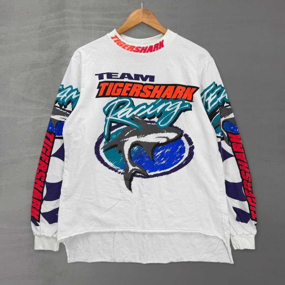 vintage Tigershark BMX Racing Long Sleeve Shirt White Graphic Mock Neck XL